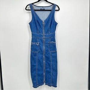 7 For All Mankind Denim Blue Jean Ring Zipper Front V Neck Midi Dress Size XS